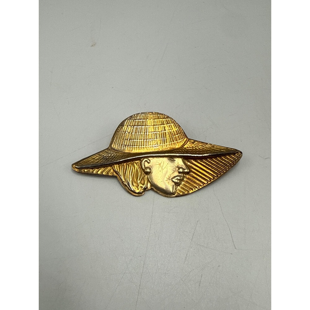 Vintage Gold Tone Woman in Sun Hat Brooch Pin Textured Wide Brim‎ Summer Style